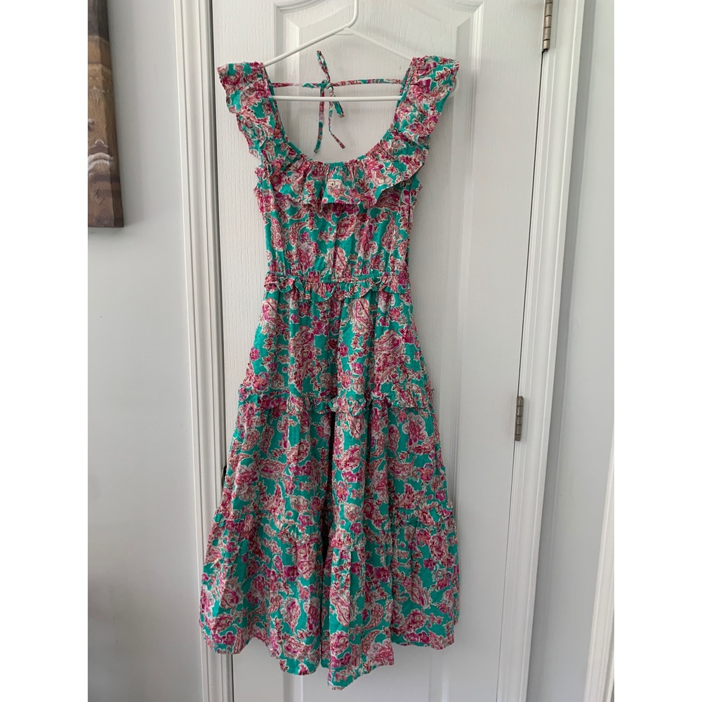 J.Crew Teal Pink Floral Paisley Ruffle Tiered Maxi Dress Size 0 Smocked Waist
